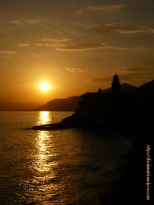naplemente Camogli, Liguria, Olaszország 